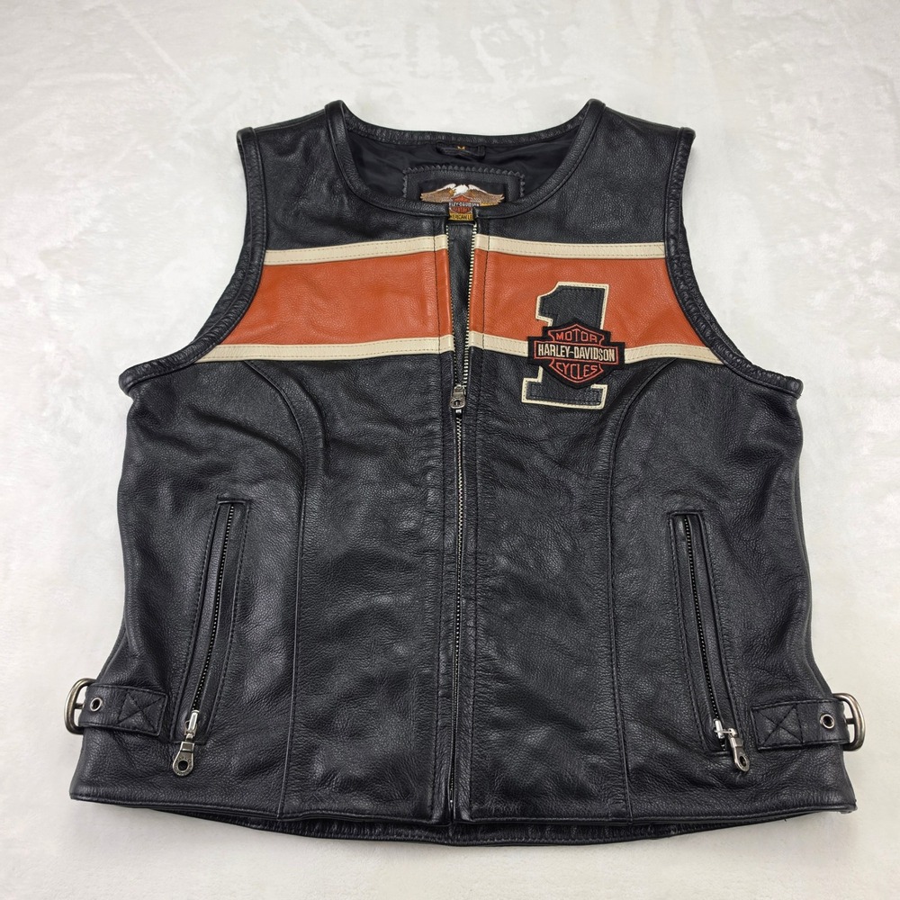 Harley-Davidson Leather Vest Womens Medium Black Orange Excellent #1 Logo Zip